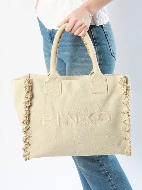 Sac PortÃ© Ã©paule Logo Shopper Coton Pinko Beige logo shopper A1X1 vue secondaire 1